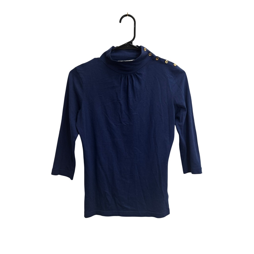 Lilly Pulitzer Navy Blue Silk Blend Mock Neck Button Shoulder Top XS